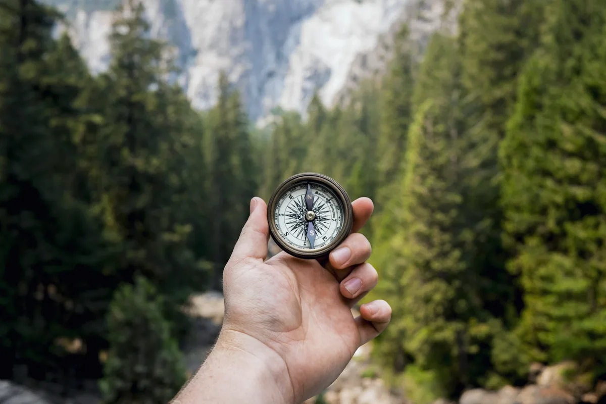 Une main tient une boussole ouverte devant une forêt de sapins et un versant de montagne