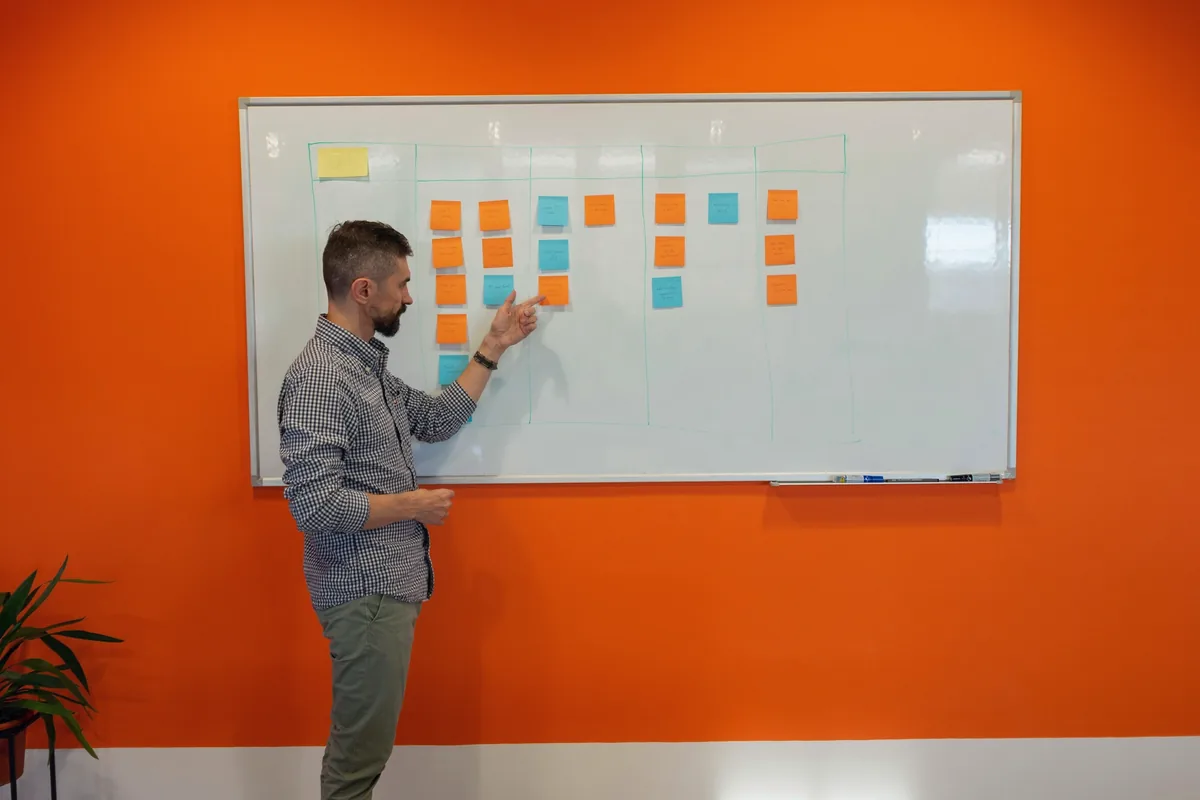 Un homme debout devant un tableau blanc où sont collées des notes orange et bleues, sur un mur orange